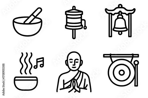 Spirituality and wellness linear icon set. featuring singing bowl, prayer wheel, bell, meditating monk, incense, and gong