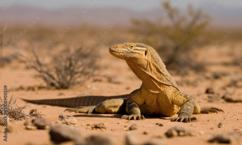 Fototapeta premium Desert monitor lizard basking in sun-drenched sands