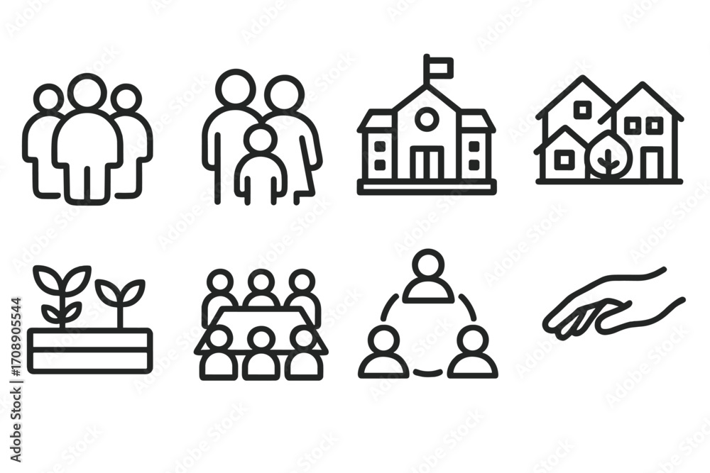 Obraz premium Community and housing linear icon set. featuring people, family, school, houses, gardening, teamwork, communication