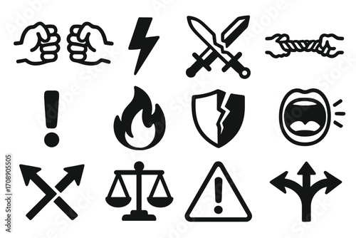 Conflict and warning silhouette icon set. featuring fist, lightning, dagger, rope, caution, fire, shield, balance, yelling, arrows