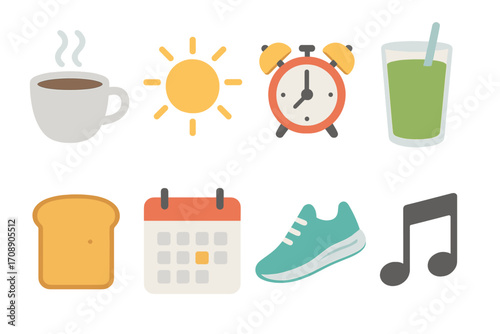 Breakfast and relaxation flat icon set. featuring coffee, sun, alarm clock, juice, toast, calendar, shoe, music note