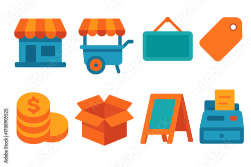 Marketplace flat icon set. featuring store, cart, sign, tag, currency, box, board, and receipt symbols
