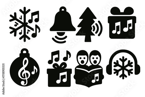 Holiday music silhouette icon set. featuring snowflake, bell, tree, gift, ornament, carolers, and headphones.