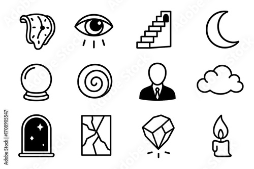 Mystical elements linear icon set. featuring eye, moon, cloud, crystal ball, candle, and spiral symbols