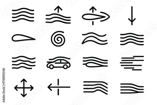 Aerodynamics linear icon set. featuring airflow, drag, lift, thrust, and fluid dynamics symbols