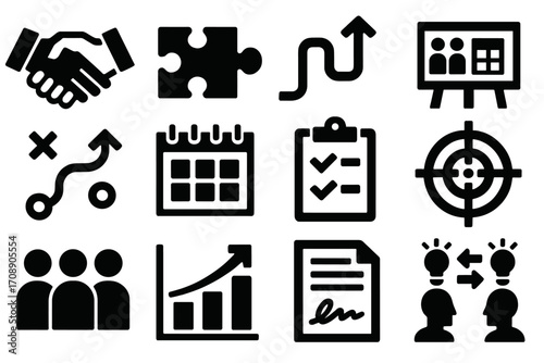 Business strategy silhouette icons set. featuring handshake, puzzle, growth, planning, calendar, checklist, and teamwork symbols