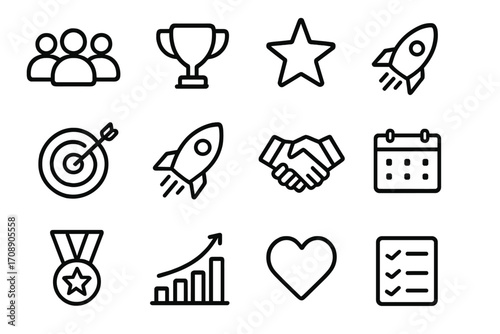 Business achievement linear icon set. featuring team, trophy, star, rocket, target, handshake, calendar