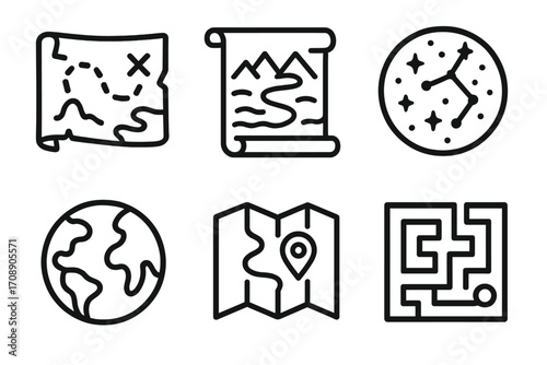 Travel and navigation silhouette icon set. featuring map, constellation, globe, path, location, and maze symbols