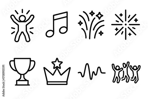 Celebration silhouette icon set. featuring dancing, music note, fireworks, trophy, crown, heartbeat