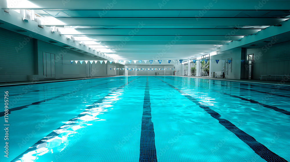 Obraz premium Indoor swimming pool with clear blue water and lane markings under bright lighting