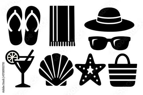 Summer essentials silhouette icon set. featuring flip-flops, towel, hat, sunglasses, cocktail, shell, starfish, and bag
