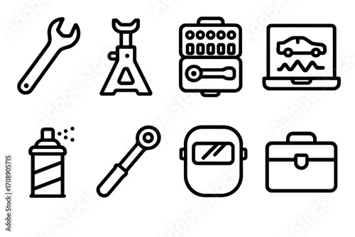 Car repair linear icons set. featuring wrench, jack, toolkit, diagnostics, spray, ratchet, welding mask, toolbox