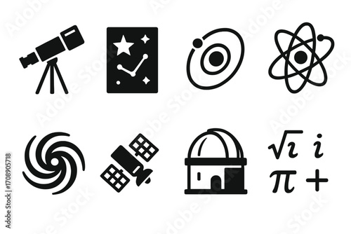 Astronomy silhouette icon set. featuring telescope, star map, orbit, atom, galaxy, satellite, observatory, equations