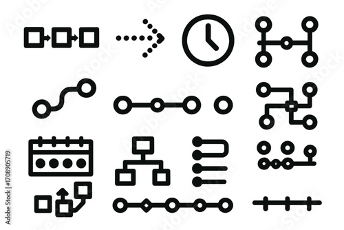Business processes silhouette icon set. featuring flowchart, sequence, timeline, organization, schedule, and strategy symbols
