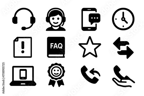 Customer support silhouette icon set. featuring headset, chat, clock, exclamation, faq, star, swap, phone