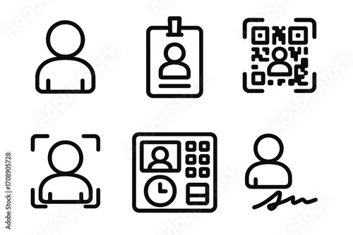 Identity and access flat icon set. featuring profile, id card, qr code, face scan, clock, and signature symbols