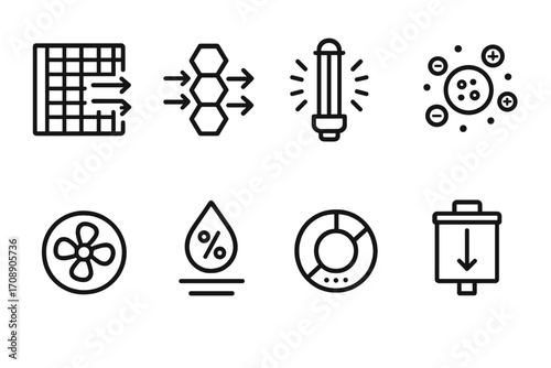 Energy and environment linear icon set. featuring grid, honeycomb, light, atom, fan, humidity, chart, waste symbols