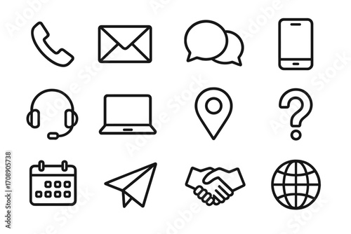 Communication linear icon set. featuring phone, email, messages, smartphone, headset, laptop, location, question mark, calendar, paper plane, handshake, and globe symbols