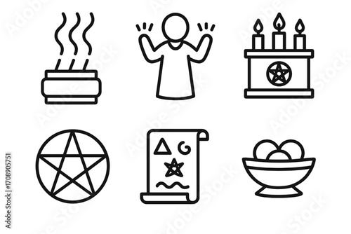 Occult silhouette icon set. featuring cauldron, ritual, altar, pentagram, scroll, and bowl symbols
