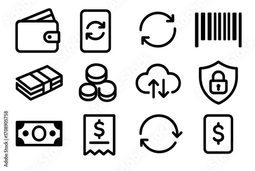 Finance and security silhouette icon set. featuring wallet, transaction, barcode, money, upload, download, shield, and lock symbols