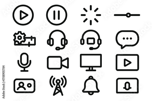 Media controls silhouette icon set. featuring play, pause, settings, headset, chat, video, and notification symbols