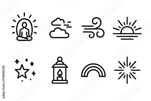 Spiritual and nature linear icon set. featuring meditation, clouds, wind, sunrise, stars, lantern, rainbow, sparkle