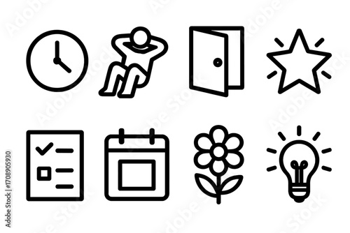 Fitness and lifestyle linear icon set. featuring clock, exercise, door, star, checklist, calendar, flower, lightbulb