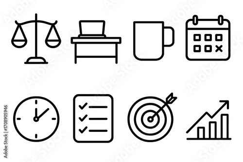 Business and office flat icon set. featuring scale, desk, mug, calendar, clock, checklist, target, and growth symbols