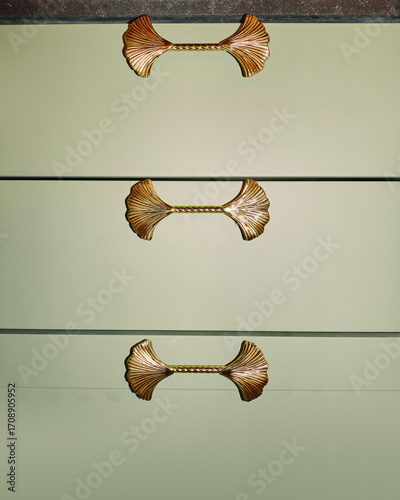 Elegant Golden Drawer Handles on a Green Chest of Drawers