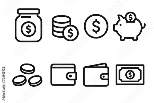 Financial linear icon set. featuring coin stack, piggy bank, wallet, money jar, and cash symbols