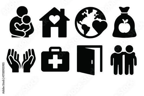 Charity and support silhouette icon set. featuring family, home, globe, donation, hands, aid, door, and community