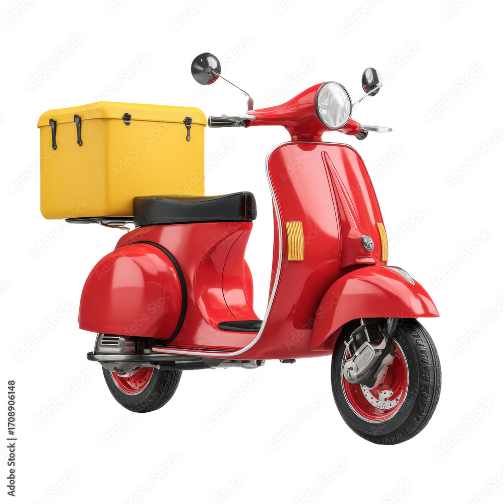 Obraz premium Bright red vintage scooter with a yellow delivery box on the back perfect for food delivery services isolated on transparent background