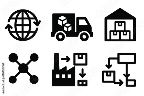 Logistics and supply chain silhouette icon set. featuring globe, truck, warehouse, network, factory, and flowchart symbols
