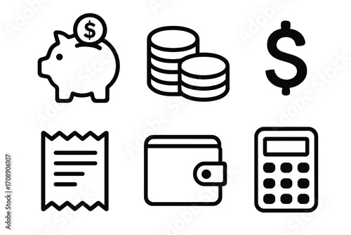 Finance flat icons set. featuring piggy bank, coins, dollar sign, receipt, wallet, and calculator