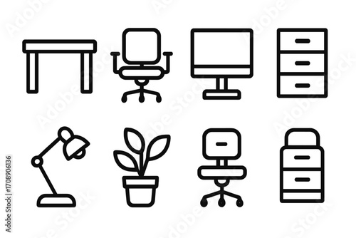 Office furniture linear icon set. featuring desk, chair, computer, drawers, lamp, plant, and cabinet symbols