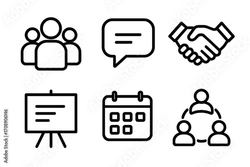 Business communication linear icon set. featuring team, chat, handshake, presentation, calendar, network symbols