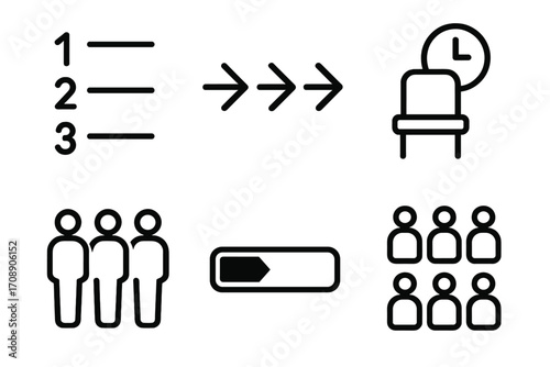 Business process silhouette icon set. featuring list, arrows, meeting, team, people, and progress symbols