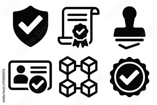 Verification and security silhouette icon set. featuring shield, certificate, approval stamp, id, blockchain, badge