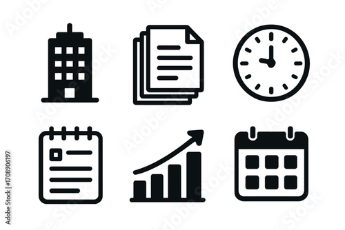 Office essentials silhouette icon set. featuring building, documents, clock, notepad, chart, and calendar symbols