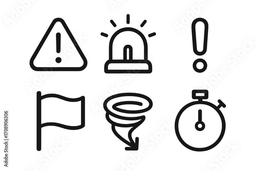 Emergency and alert silhouette icons set. featuring warning, siren, exclamation, flag, tornado, and stopwatch