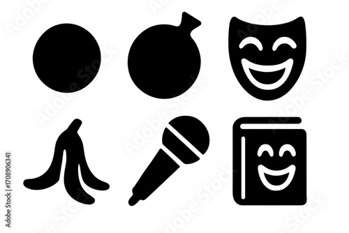Comedy theme silhouette icon set. featuring microphone, comedy masks, banana peel, book, balloon, and spotlight