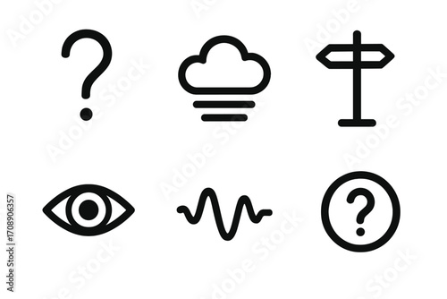 Mystery elements silhouette icon set. featuring question mark, cloud, road sign, eye, wave, and circle question symbols.