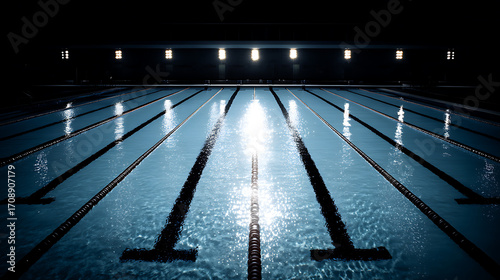 Empty indoor swimming pool with illuminated lanes and reflections on water surface