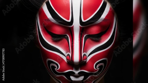 Intricate face kabuki painting showcasing traditional cultural art from Asia highlighted against a dark background