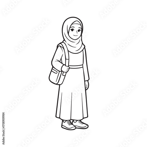 A young muslim girl wearing a hijab and long skirt stands with a shoulder bag depicted in a simple black and white line drawing illustration