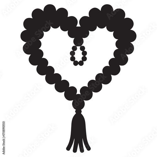 Black silhouette of a heart shaped islamic prayer beads tasbih with tassel and small pendant