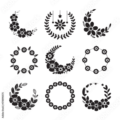 Collection of nine decorative floral elements in black and white featuring wreaths circles and crescent shapes with botanical motifs