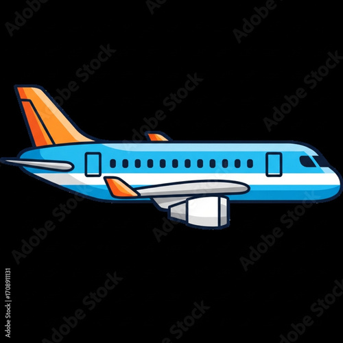 Cartoon Airplane: Blue and Orange Jet with Bold Outlines on Black