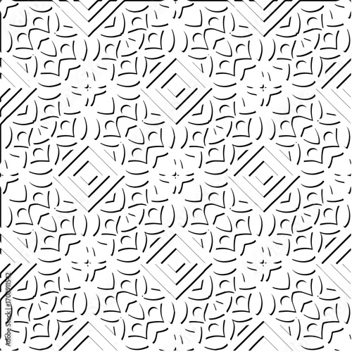 3d relief tiles. Vector pattern with symmetrical elements . Modern stylish abstract texture. Repeating tiles from striped elements. Black and white pattern.