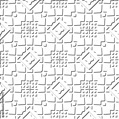 3d relief tiles. Vector pattern with symmetrical elements . Modern stylish abstract texture. Repeating tiles from striped elements. Black and white pattern.